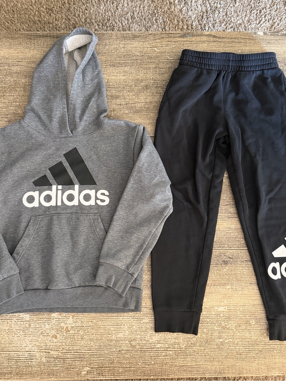 Adidas big boys black and grey sweatsuit - hoodie and sweatpants.